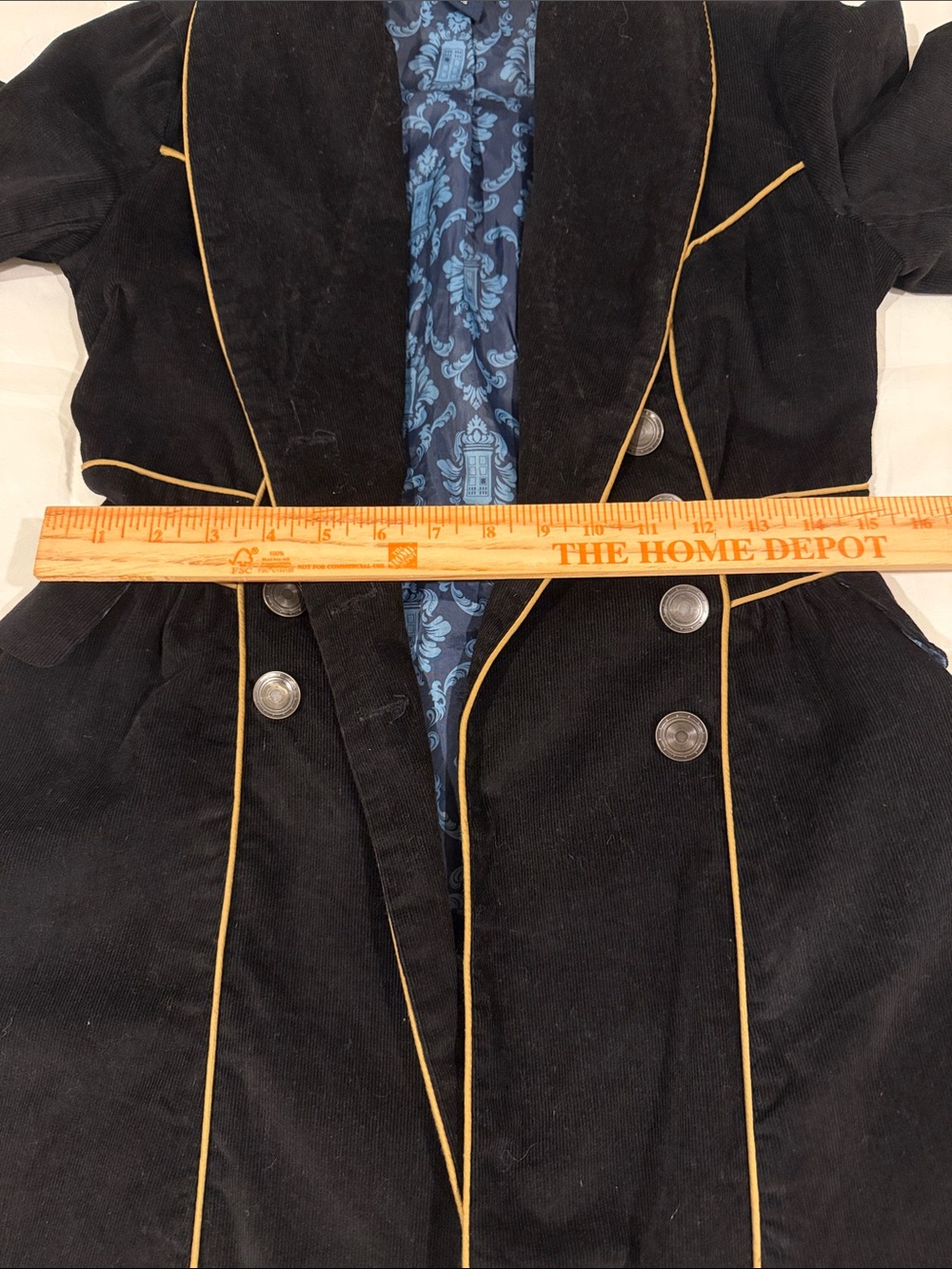 Dr Who TARDIS Hot Topic Black Trench Coat with Gold Piping and Blue Lining XS - Picture 9 of 14